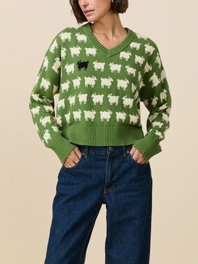Warm & Wonderful Women's Diana Edition Cotton Linen V-Neck Sheep Sweater Green,M